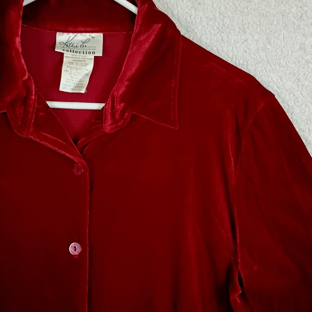 Kathie Lee Collection Button Front Women Large Cranberry Red Crushed Velvet Top